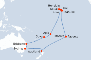 Carte itinéraire croisière NEW CRUISE - 35 jours au départ de Sydney - Australie Nouvelle Zélande