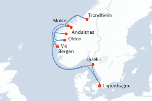 Carte itinéraire croisière - 10 jours au départ de Copenhague - Europe du Nord