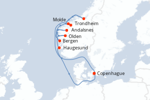 Carte itinéraire croisière - 10 jours au départ de Copenhague - Europe du Nord