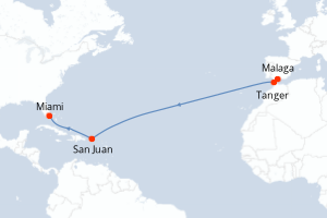 Carte itinéraire croisière - 13 jours au départ de Malaga - Transatlantique
