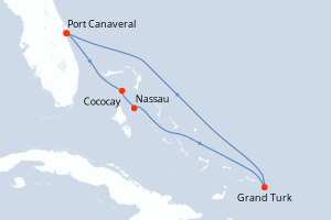 Carte itinéraire croisière  - 6 jours au départ de Port Canaveral - Caraïbes Bahamas