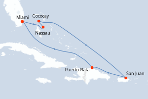 Carte itinéraire croisière - 7 jours au départ de Miami - Caraïbes Bahamas