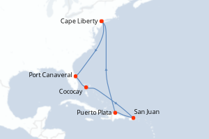 Carte itinéraire croisière - 9 jours au départ de Cape Liberty - Amérique du Nord