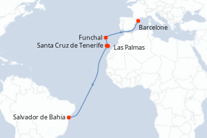 Carte itinéraire croisière - 12 jours au départ de Barcelone - Transatlantique