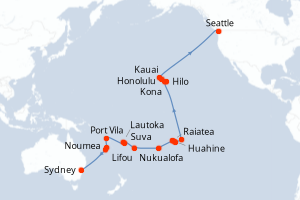 Carte itinéraire croisière - 35 jours au départ de Sydney - Alaska
