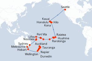 Carte itinéraire croisière - 49 jours au départ de Auckland - Alaska