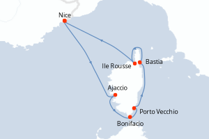 Carte itinéraire croisière Grand tour de Corse, l île de beauté révèle ses trésors - 7 jours au départ de Nice - Méditerranée