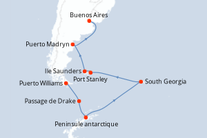 Carte itinéraire croisière - 21 jours au départ de Puerto Williams - Amérique du Sud