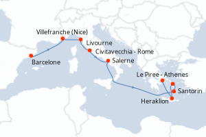 Carte itinéraire croisière - 9 jours au départ de Barcelone - Méditerranée