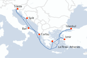 Carte itinéraire croisière - 9 jours au départ de Le Piree - Athenes - Méditerranée