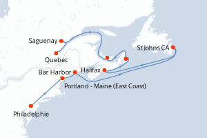 Carte itinéraire croisière - 11 jours au départ de Philadelphie - Amérique du Nord