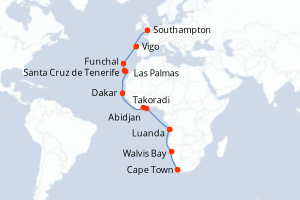 Carte itinéraire croisière - 22 jours au départ de Cape Town - Europe du Nord