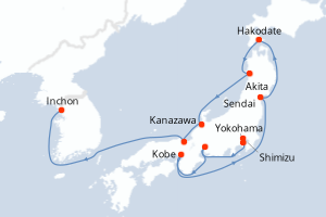 Carte itinéraire croisière - 11 jours au départ de Yokohama - Asie