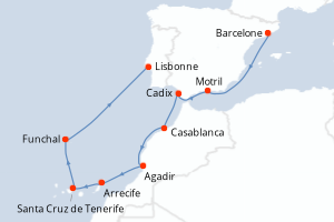 Carte itinéraire croisière - 10 jours au départ de Barcelone - Atlantique