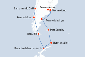 Carte itinéraire croisière - 15 jours au départ de San antonio Chili - Amérique du Sud