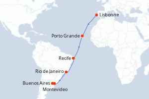 Carte itinéraire croisière - 15 jours au départ de Lisbonne - Amérique du Sud
