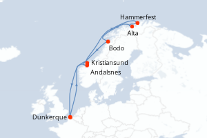 Carte itinéraire croisière - 14 jours au départ de Dunkerque - Europe du Nord