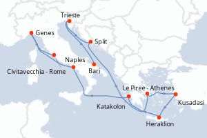 Carte itinéraire croisière - 11 jours au départ de Bari - Méditerranée