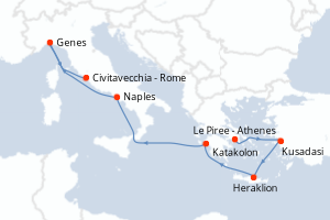 Carte itinéraire croisière - 7 jours au départ de Le Piree - Athenes - Méditerranée