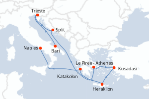 Carte itinéraire croisière - 9 jours au départ de Bari - Méditerranée