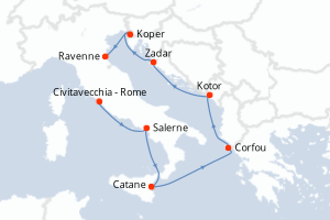 Carte itinéraire croisière - 7 jours au départ de Civitavecchia - Rome - Méditerranée