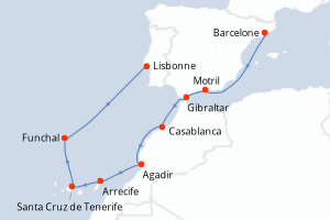 Carte itinéraire croisière - 10 jours au départ de Barcelone - Atlantique