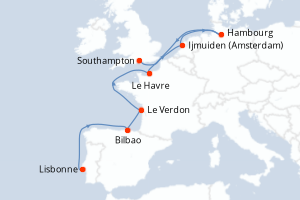 Carte itinéraire croisière - 11 jours au départ de Lisbonne - Europe du Nord