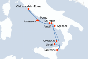 Carte itinéraire croisière - 7 jours au départ de Civitavecchia - Rome - Méditerranée