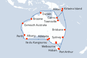 Carte itinéraire croisière - 35 jours au départ de Sydney - Australie Nouvelle Zélande