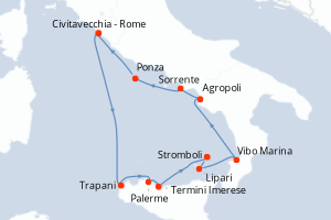 Carte itinéraire croisière - 10 jours au départ de Civitavecchia - Rome - Méditerranée
