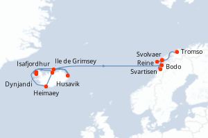 Carte itinéraire croisière - 12 jours au départ de Isafjordhur - Europe du Nord