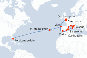 Carte itinéraire croisière - 28 jours au départ de Fort Lauderdale - Transatlantique