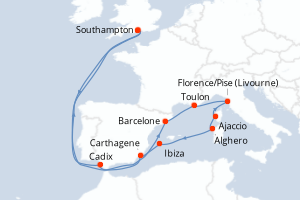 Carte itinéraire croisière - 15 jours au départ de Southampton - Europe du Nord