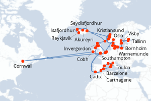 Carte itinéraire croisière  - 64 jours au départ de Southampton - Europe du Nord