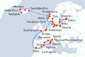 Carte itinéraire croisière  - 46 jours au départ de Southampton - Europe du Nord