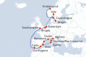 Carte itinéraire croisière - 22 jours au départ de Southampton - Europe du Nord