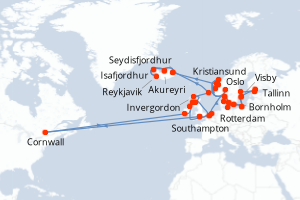 Carte itinéraire croisière  - 49 jours au départ de Southampton - Europe du Nord
