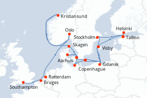 Carte itinéraire croisière  - 22 jours au départ de Southampton - Europe du Nord