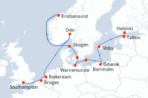 Carte itinéraire croisière - 14 jours au départ de Southampton - Baltique