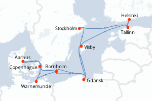 Carte itinéraire croisière - 15 jours au départ de Copenhague - Europe du Nord