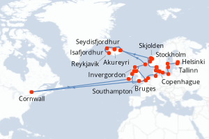 Carte itinéraire croisière - 42 jours au départ de Helsinki - Europe du Nord