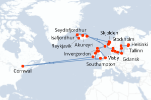 Carte itinéraire croisière - 35 jours au départ de Helsinki - Europe du Nord