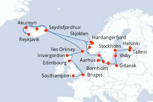 Carte itinéraire croisière - 27 jours au départ de Helsinki - Europe du Nord