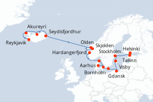 Carte itinéraire croisière - 17 jours au départ de Helsinki - Europe du Nord