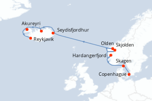 Carte itinéraire croisière - 9 jours au départ de Copenhague - Europe du Nord