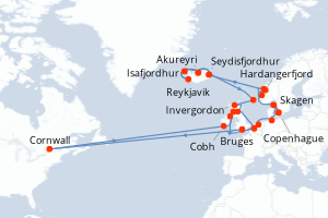 Carte itinéraire croisière - 34 jours au départ de Copenhague - Europe du Nord