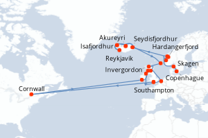 Carte itinéraire croisière - 27 jours au départ de Copenhague - Europe du Nord