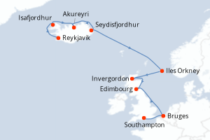 Carte itinéraire croisière - 10 jours au départ de Reykjavik - Europe du Nord