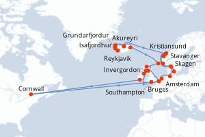 Carte itinéraire croisière - 35 jours au départ de Reykjavik - Europe du Nord