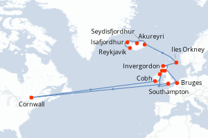 Carte itinéraire croisière - 18 jours au départ de Reykjavik - Europe du Nord